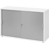 bümö Schiebetürenschrank 2OH - Aktenschrank abschließbar, Sideboard Schrank mit Schiebetüren in Weiß/Silber, Bogengriff - Büroschrank aus Holz mit