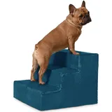 VELORA H&L Hundetreppe 3 Stufen Dunkelblau - Stabile Holzkonstruktion mit Veloursbezug, rutschfeste Hundetreppe für Sofa und Bett, Haustiertreppe für Hunde und Katzen, Belastbar bis 80 kg