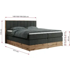 MKS Meble King Boxspringbett 160x200 mit Bettkasten Eiche, Polsterbett mit Matratze H3, Bett mit Rahmen in Wotan Eiche und Kopfteil... - Dunkelgrau
