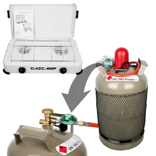 Gazcamp 11 kg Gasflasche Propangasflasche (Eigentum/ungefüllt) Campingkocher Gaskocher 2,4 kW 50 mBar 2 Fl. Gasschlauch Druckminderer Flaschenschlüssel