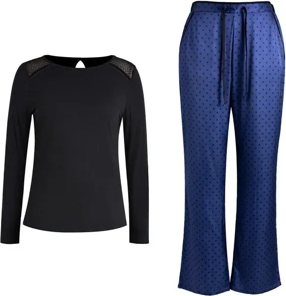 IZURIA Set aus schwarzem Rundhals-Langarmtop und marineblauer Polka-Dot-Hose, Größe M