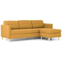 Marino Sofa, Chaiselongsofa rechts oder links gewendet in Stoff currygelb mit Holzbeinen.