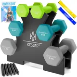 Kesser KESSER® Hantel-Set, 3 Paar, 1kg - 5kg, 12kg oder 18kg kurzhanteln mit Ständer Aufbewahrung, Fitnessstudio, Krafttraining, Hantelset rutschfeste Neopren, Mit Übungsheft, 2x Fitnessbänder