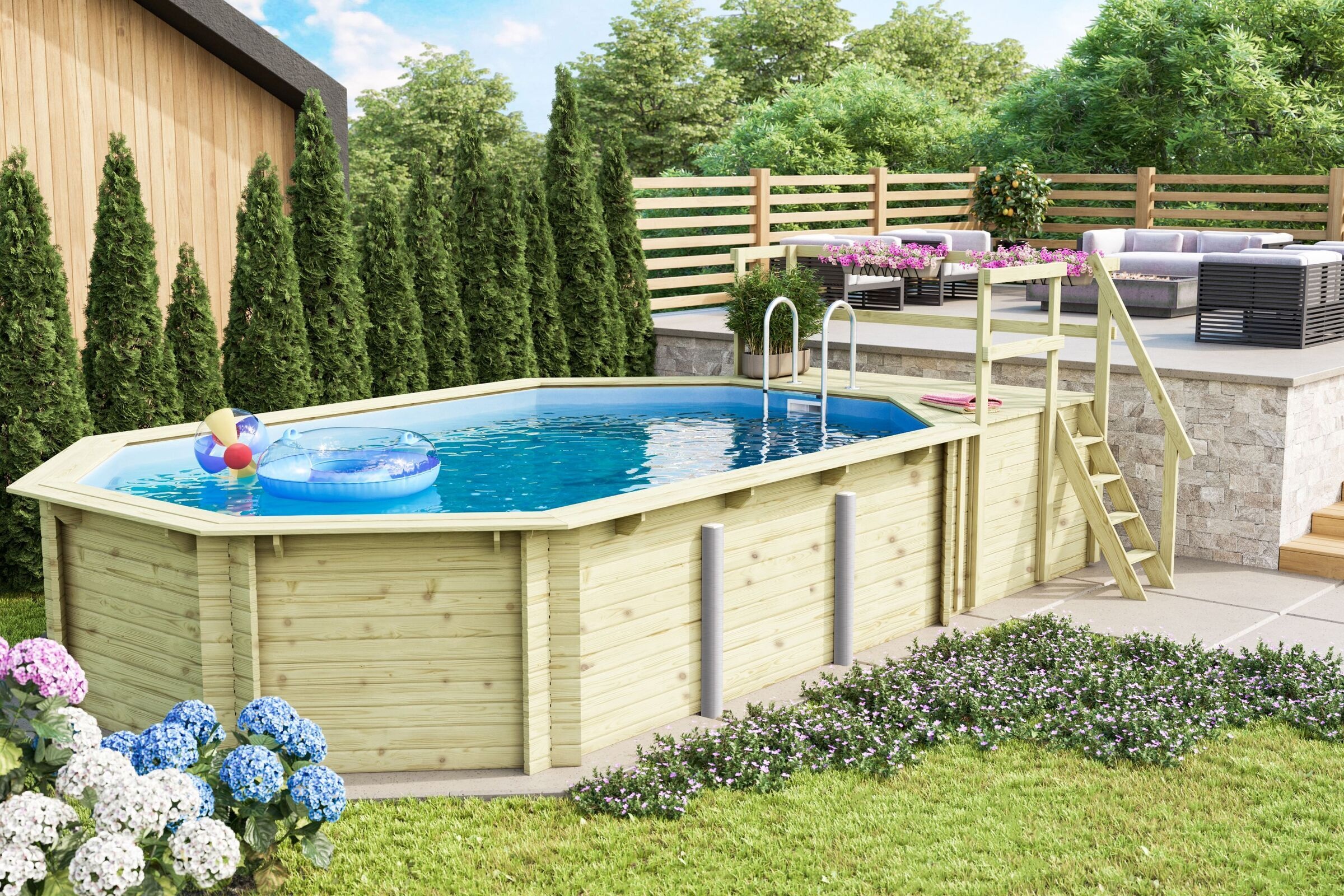 KARIBU Modell 4 Classic kdi Pool, naturbelassen, Fichtenholz, 569x358x124 cm, inkl. Deck, Terrasse, Treppe und Geländer
