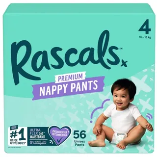 Rascals Premium Trainings-Baby-Windelhose – einfaches Pull-Up-Design, weiche und bequeme Windelhose, Größe 4, Ultra Flex 360 Bund, 10–15 kg, 56 Stück