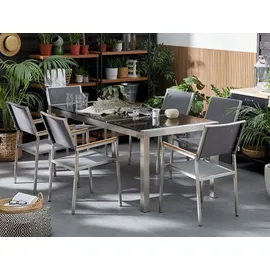 Beliani Gartenmöbel Set Schwarz Grau Granit Edelstahl Tisch 180 cm Poliert 90x180x87