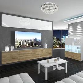 Belini Wohnwand Vollausstattung Wohnzimmer-set Moderne Schrankwand Mit Led-beleuchtung Anbauwand Tv-schrank Weiß/sonoma Eiche, Holz, 200x180x36 cm, Wohnzimmer, Wohnwände, Wohnwand-Sets