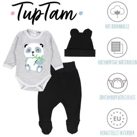 TupTam Baby Kleidung Set Body Strampelhose Mütze Bekleidungsset Jungen, Mädchen, Farbe: Panda Grau/Schwarz, Größe: 56 - 56