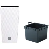 50cm Blumentopf in Rattan Optik Blumentopf Übertopf mit Einsatz  weiss