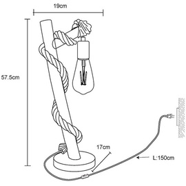 ETC Shop Tischlampe Holzleuchte Beistelllampe schwarz Hanfseil Landhaus Nachttischleuchte Rustikal Leselampe, Metall, 1x E27 Fassung, LxBxH 19x16,5x53,5 cm