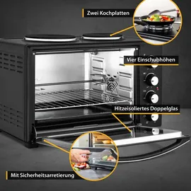 First Austria TZS First Austria Minibackofen FA-5045-5, 3400 Watt, mit Kochplatten und Drehspieß, 60 Liter