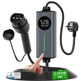 goneo Tragbares Type-2-Ladegerät, Schuko-Stecker 16A 3.68kW 8m, mit RCD 30mA+6mA DC-Schutz, Timer & Energiesparfunktion, Umfassender Schutz, Plug & Play, für Zuhause und Reisen, Kompatibel mit allen IEC 62196-2 EVs und PHEVs
