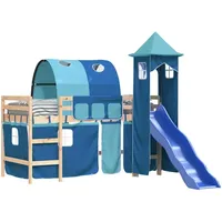 vidaXL Kinderhochbett, Hochbett mit Turm Rutsche, Spielbett Bett für Kinder ab 6 Jahren, Kinderbett Etagenbett Stockbett, Blau 90x190cm Massivholz Kiefer