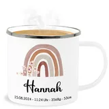 Emaille Becher Blechbecher - Regenbogen mit Namen | Regenbogenwunder | Mit Geburtsdaten Name Datum Uhrzeit Gewicht und Größe - 300 ml - Weiß Silber - rainbow tasse personalisierte