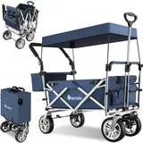 tectake® Bollerwagen Faltbar mit Dach, Handwagen mit Bremsen und Taschen, Strandwagen, Outdoor Gartenwagen, Transportkarre bis 80 kg Belastbarkeit, klappbar - blau