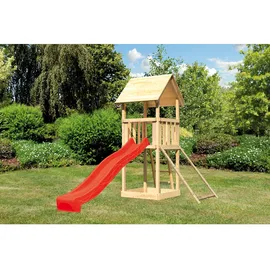 Karibu Spielturm Lotti mit Satteldach, Netzrampe & Rutsche Rot