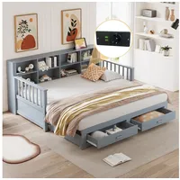 Merax Daybett 90/180x190cm mit USB-Ladeanschluss (Multifunktionales Stauraumbett Tagesbett, Kieferholz, 1 tlg), Ausziehbares Schlafsofa Kinderbett mit Ablagefächern und 2 Schubladen grau