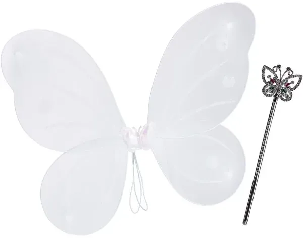 Relaxdays 2 x Feenflügel mit Zauberstab weiß Weiß,Silber