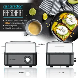 Arendo Eierkocher 8-fach, 500 W, Edelstahl, Härtegrad einstellbar, für 8 Eier, grau