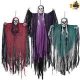 JOYIN 3 Stück Halloween-Skelett-Sensenmann-Dekoration zum Aufhängen, EIN 134 cm großes Halloween-Skelett, Zwei 80 cm große Geister für Spukhaus-Requisite, Garten Dekoration