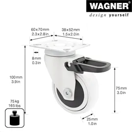 Wagner Design - 3C Lenkrolle soft mit Bremse - Durchmesser Ø 75 mm, weiß, Tragkraft 75 kg - 01237601