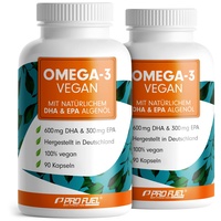 Omega-3 vegan Kapseln 180x - 2000 mg Algenöl pro Tag - hochdosiert mit 600mg DHA + 300mg EPA - hochwertige Omega-3 Algenöl Kapseln vegan - DHA:EPA Verhältnis 2:1 - laborgeprüft mit Analyse-Zertifikat