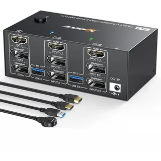 KCEVE KVM Switch 2 Computer 3 Monitore, USB 3.0 KVM Umschalter HDMI + DisplayPort, 8K@60Hz/4k@144Hz Dreifach Monitor KVM Switch für 2 Computer, 3 Displays, und 4 USB 3.0 Geräte