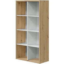 Dmora Buchhandlung Sacramento, Umschaltbares Bücherregal mit 8 Fächern, Multipositions-TV-Ständer, 72x33h137 cm, Asteffekt Eiche und Weiß