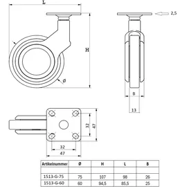 MS Beschläge Chrom glänzendes Gehäuse Ø 60mm Rolle