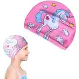 Badekappe für Kinder Jungen, Badehaube Kinder, Langes und kurzes Haar Schwimmkappe Kinder und Badekappe für Mädchen Jungen, wasserdichte Badekappe für Kleinkinder, Rosa