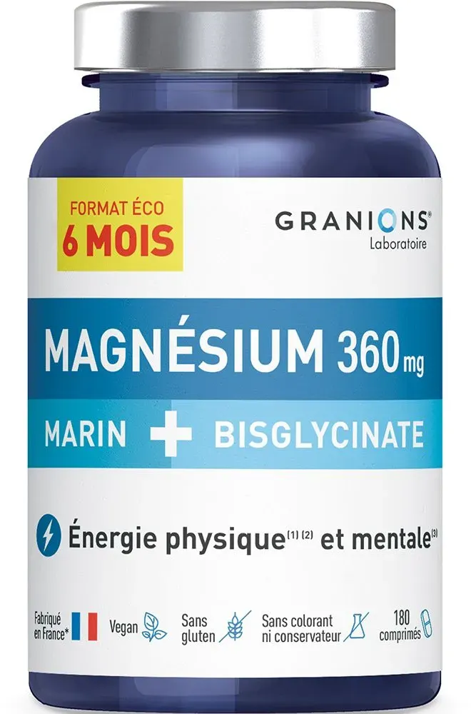 Granions Doppeltes Magnesium 360 mg - Eco-Format 6 Monate - 180 Tabletten