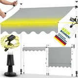 tillvex Klemmmarkise mit Handkurbel & LED Lichterkette Balkon | Balkonmarkise ohne Bohren | Markise UV-beständig & höhenverstellbar | Sonnenschutz Terrasse & Garten wasserdicht (Hellgrau, 350cm)