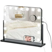 Homcom Hollywood Spiegel mit Beleuchtung Schminkspiegel mit 14 LED Licht 3 Lichtfarben USB-Ladeanschluss Handyhalterung