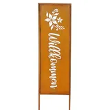 levandeo Willkommen H83cm Stele Rost Rostdeko Braun Gartenstecker Garten-Deko Gartenstecker Gartenstele Edelrost Gartenschild Blume