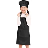 BIGHAS Kinderschürze Kochmütze Verstellbarer Nackenriemen Klettverschluss Design Bund zum Backen, Malen, Kochen (Schwarz, (3'11"-4'7") M) - (3'11"-4'7") M