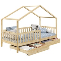 Idimex Hausbett ELEA aus massiver Kiefer, Kinderbett mit Rausfallschutz 90x200cm, Spielbett mit Dach in natur
