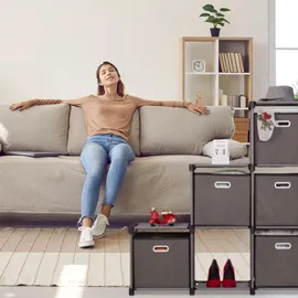 Relaxdays Stufenregal mit 6 Fächern, Grau,Schwarz