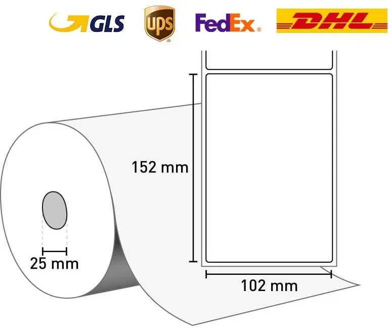 Versandetiketten für DHL/GLS/FedEx/UPS – Primarigo® TD (Thermo Top) 102 mm x 152 mm / permanent / 25 mm Kern / 475 Etiketten je Rolle