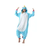 AKAAYUKO Damen Herren Karneval Kostüm Pyjama Weihnachten Tiere Onesie Halloween Jumpsuit Schlafanzug Faschingskostüme Overall Nachtwäsche Blaues Einhorn-XK - L