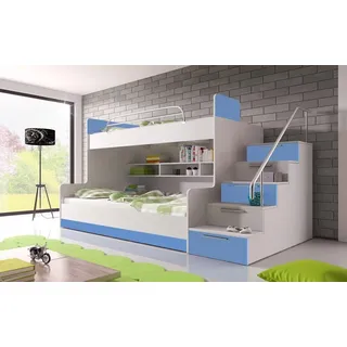 Luxusbetten24 Hochbett Kinderhochbett Heaven zwei Betten, Fächer und Schubladen blau