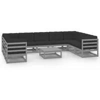 vidaXL 10-tlg Garten-Lounge-Set mit Kissen Grau Massivholz Kiefer