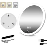 Junyaoxuan Vergrößerungsspiegel mit 10-facher Vergrößerung mit Licht, 15,2 cm großer Make-up-Lupenspiegel mit 3 Farben, dimmbar, tragbare LED-Vergrößerung mit 3 Saugnäpfen, Weiß