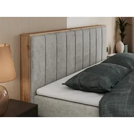 MKS Meble King Boxspringbett 160x200 mit Bettkasten Eiche, Polsterbett mit Matratze H3, Bett mit Rahmen in Wotan Eiche und Kopfteil... - Hellgrau