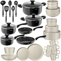 Tectake tectake® Küchenstarterset, Geschirrset aus Steingut, mit Glasur, hitzebeständig und kratzfest, inklusive 5 Küchenwerkzeugen
