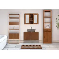 Teak-Badezimmer-Set HWC-M86, Waschtisch Regal Leiterregal Wandspiegel Badematte, hochwertiges B-Grade-Teak