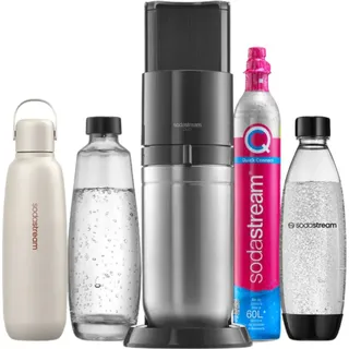 Sodastream Duo titan + Glaskaraffe + PET-Flasche + Metallflasche + Zylinder