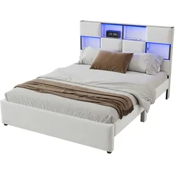 Merax 140*200cm Flachbett, verstellbares Umgebungslicht, mehrere Ablagefächer an der Seite des Bettes, USB-Anschluss, Beige