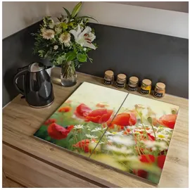 banjado Herdabdeckplatte Glas 2 Teilig Je 30x52CM Schneidebrett Herdabdeckung Mit Motiv Kamille Und Mohn