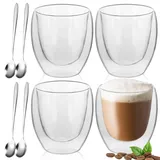 Latte Macchiato Gläser, 4 Set Cappuccino Gläser, Kaffeegläser, Doppelwandige Gläser, Doppelwandige Kaffeegläser, Latte Macchiato Gläser Doppelwandig, Thermogläser Doppelwandig mit Löffel, 350 ml