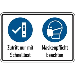 Gebotsschild, Kombischild, Schnelltest & Maskenpflicht - 300 x 200 x 2 mm Aluverbund